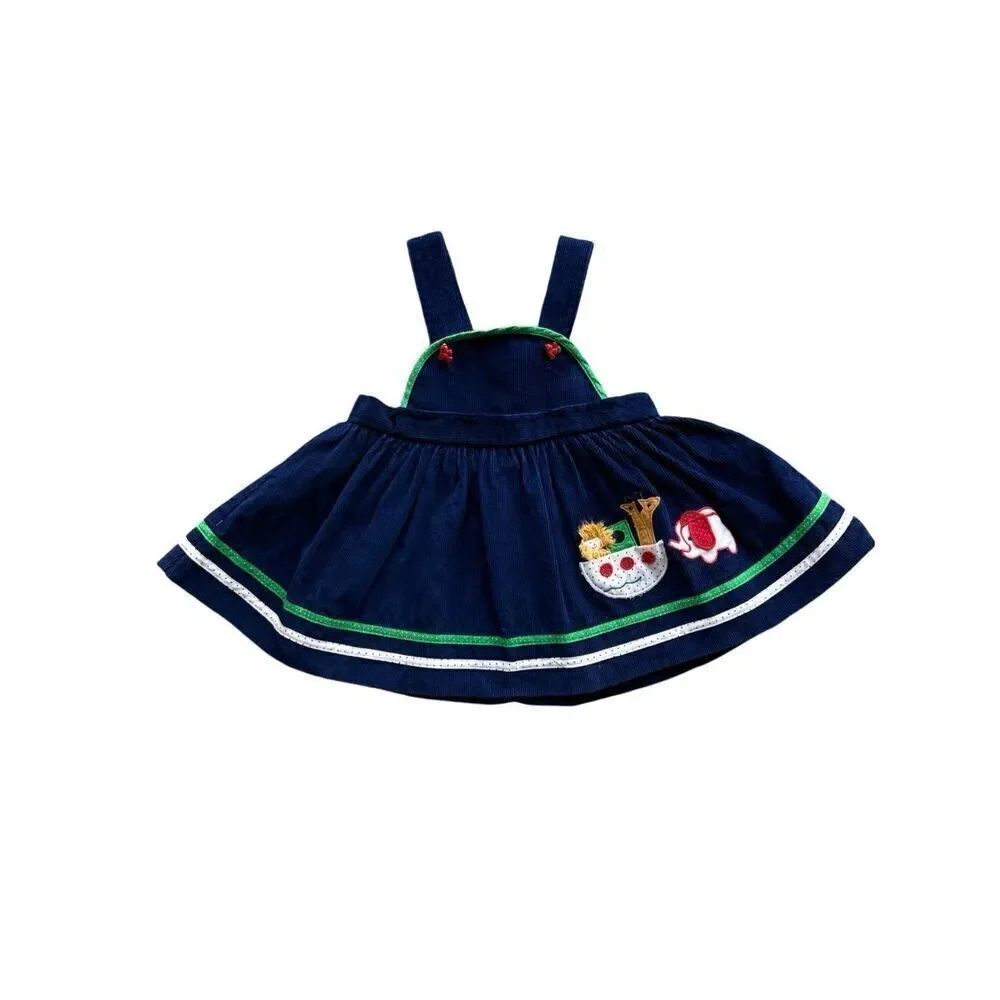 Vintage Baby Girl Navy Blue Corduroy Jumper/Dress & Polka Dot Collard Blouse
